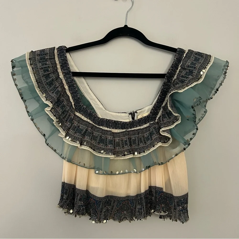 Anthropologie Let Me Be Camilla Blue Cream Ruffled Blouse - Picture 3 of 9